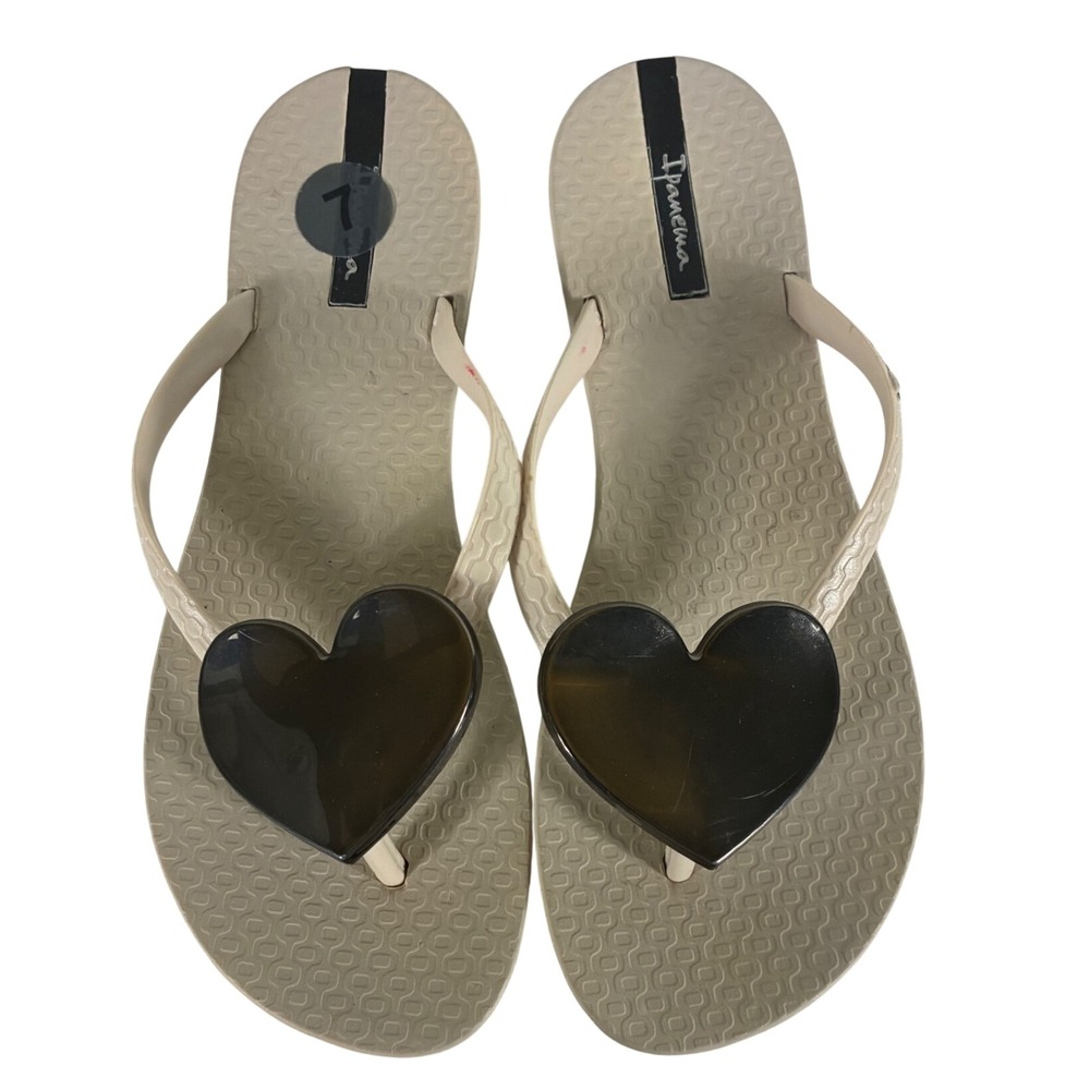 Ipanema‎ Maxi Fashion Heart Flip Flops Beige Black Sandals Womens Size 7 Brazil